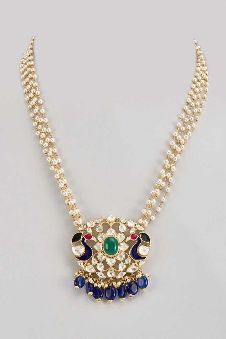Gold Finish Pearl & Kundan Polki Necklace In Sterling Silver by Silverika at Pernia's Pop Up Shop