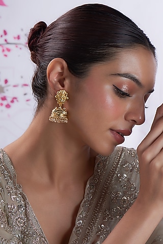 Gold Finish Temple Jhumka Earrings In Sterling Silver by Silverika