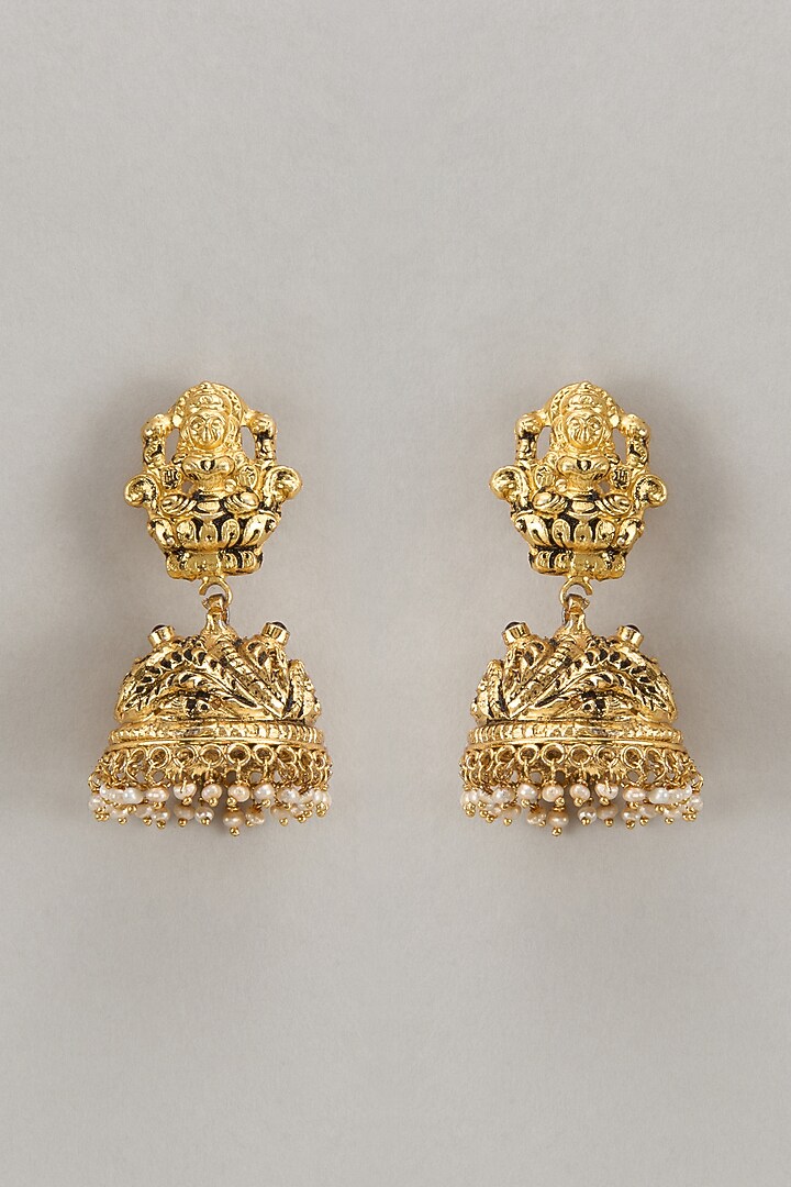 Gold Finish Temple Jhumka Earrings In Sterling Silver by Silverika at Pernia's Pop Up Shop