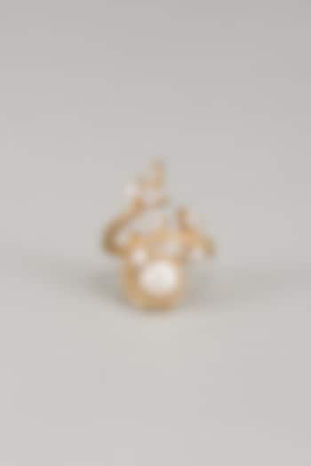 Gold Finish Zircon & Pearl Ring In Sterling Silver by Silverika