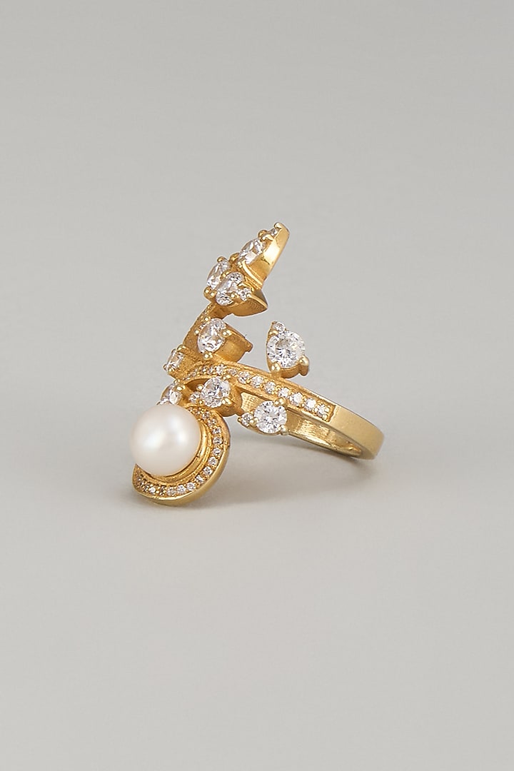 Gold Finish Zircon & Pearl Ring In Sterling Silver by Silverika at Pernia's Pop Up Shop