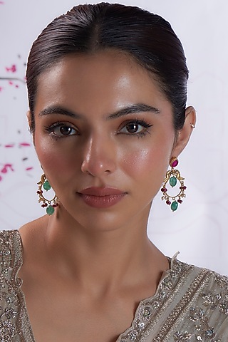 Gold Finish Zircon & Beaded Dangler Earrings In Sterling Silver by Silverika