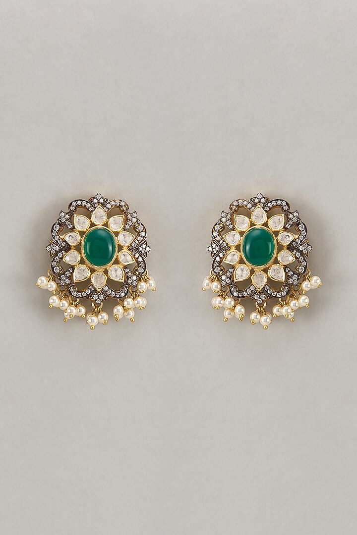 Black Rhodium Finish Pearl & Kundan Polki Stud Earrings In Sterling Silver by Silverika at Pernia's Pop Up Shop