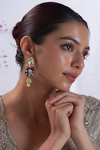 Gold Finish Pearl & Kundan Polki Dangler Earrings In Sterling Silver by Silverika