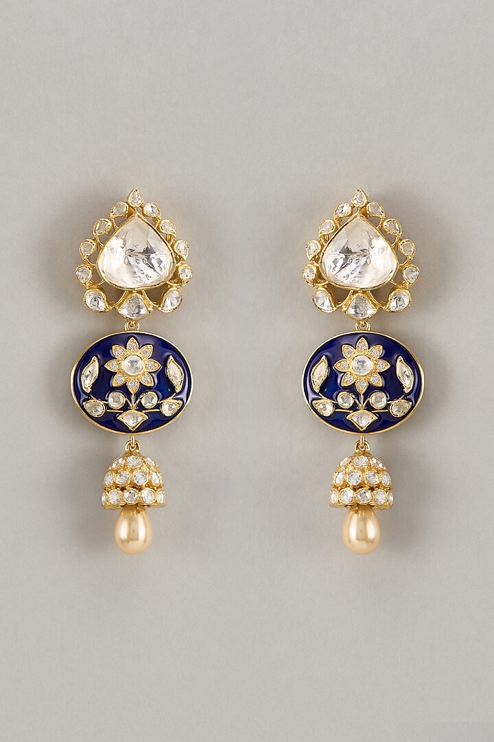 Gold Finish Pearl & Kundan Polki Dangler Earrings In Sterling Silver by Silverika at Pernia's Pop Up Shop