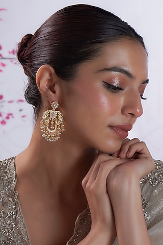 Gold Finish Pearl & Zircon Dangler Earrings In Sterling Silver by Silverika