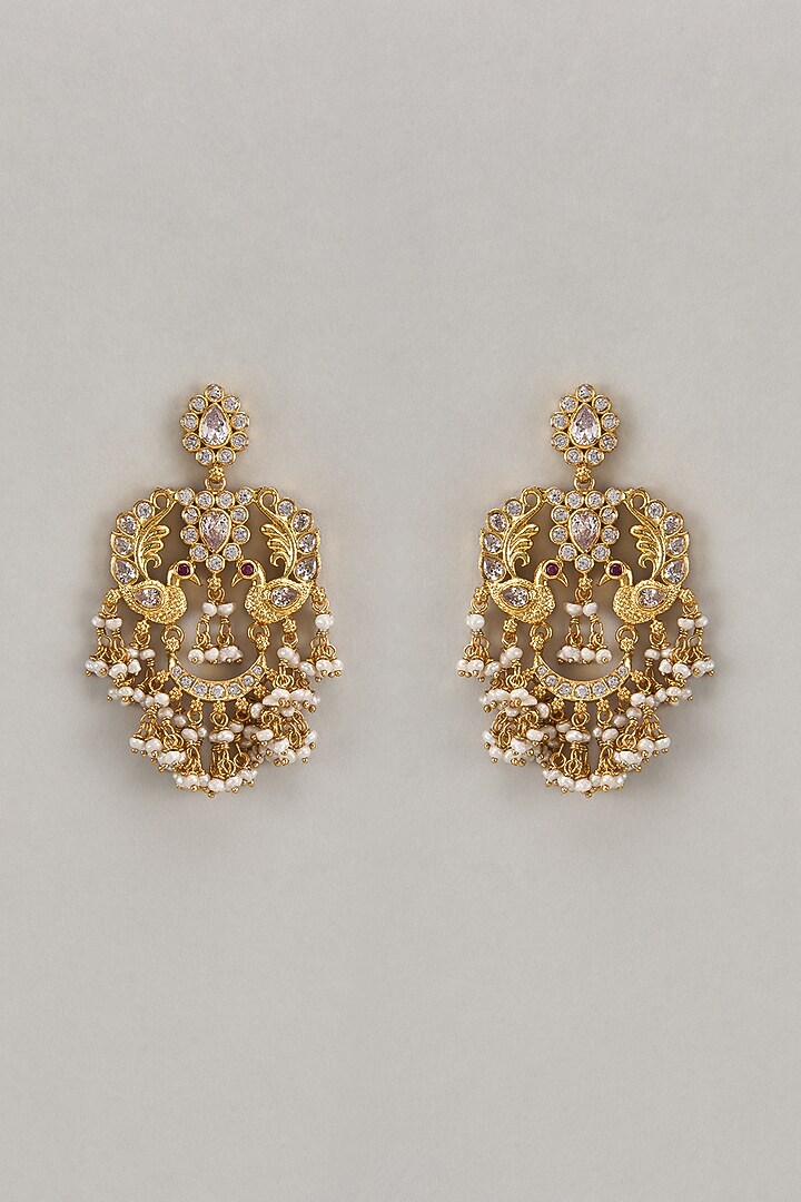 Gold Finish Pearl & Zircon Dangler Earrings In Sterling Silver by Silverika at Pernia's Pop Up Shop