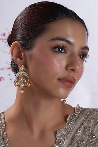 Gold Finish Pearl & Kundan Polki Chandbaali Earrings In Sterling Silver by Silverika