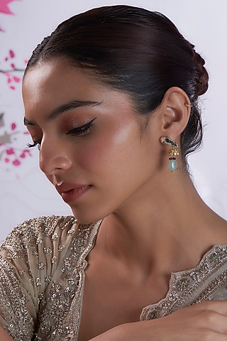 Gold Finish Moissanite Polki & Zircon Dangler Earrings In Sterling Silver by Silverika