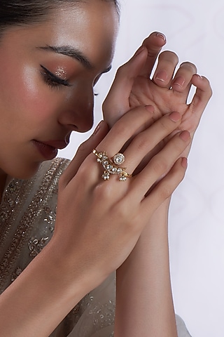 Gold Finish Moissanite Polki & Pearl Ring In Sterling Silver by Silverika