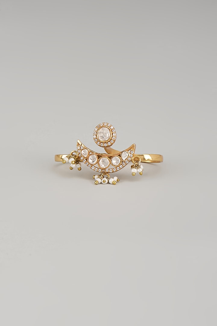 Gold Finish Moissanite Polki & Pearl Ring In Sterling Silver by Silverika at Pernia's Pop Up Shop