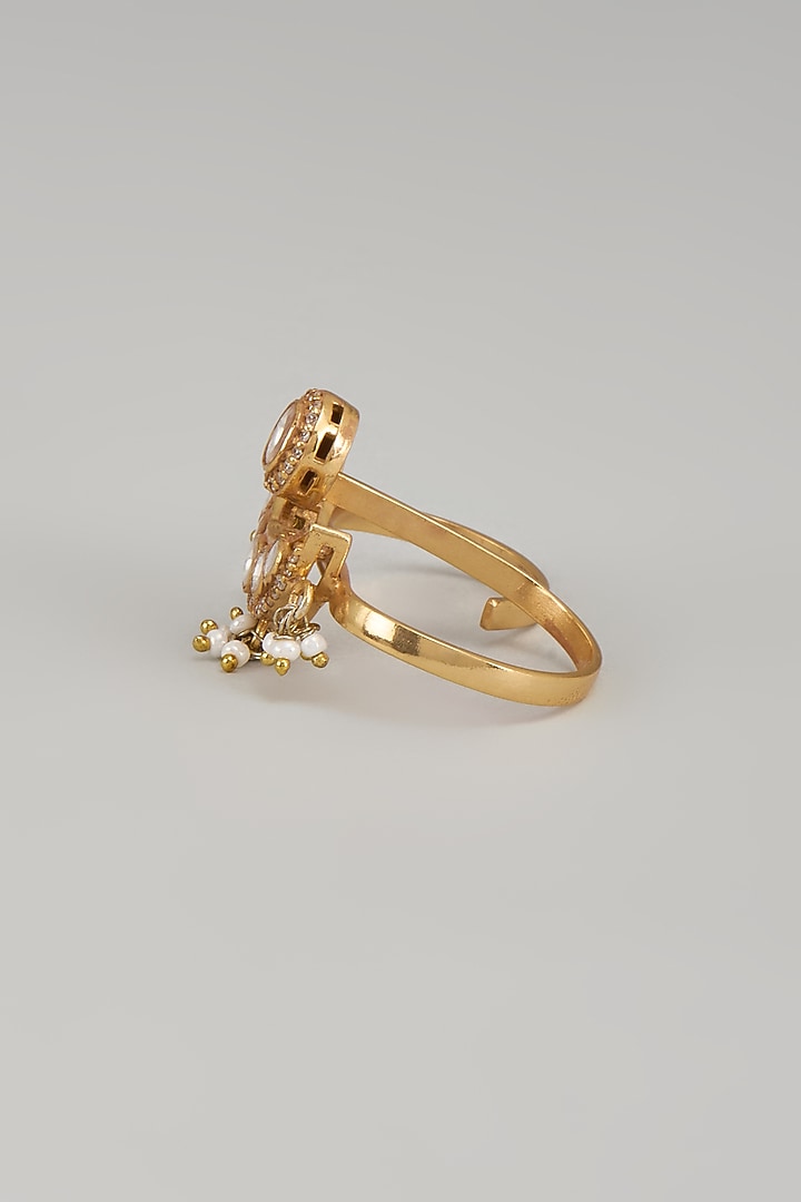 Gold Finish Moissanite Polki & Pearl Ring In Sterling Silver by Silverika at Pernia's Pop Up Shop