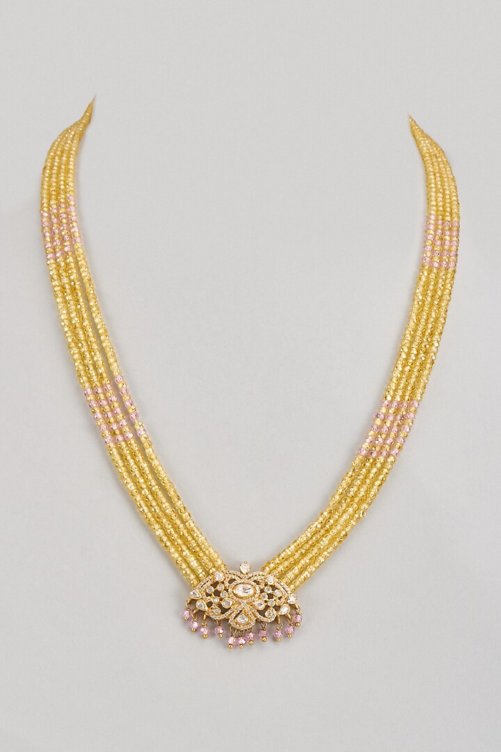 Gold Finish Moissanite Polki & Beaded Necklace In Sterling Silver by Silverika at Pernia's Pop Up Shop