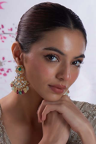 Gold Finish Kundan Polki & Beaded Dangler Earrings In Sterling Silver by Silverika