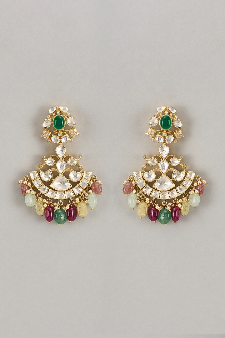 Gold Finish Kundan Polki & Beaded Dangler Earrings In Sterling Silver by Silverika at Pernia's Pop Up Shop