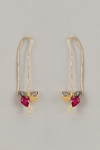 Gold Finish Zircon Sui-Dhaga Dangler Earrings In Sterling Silver by Silverika