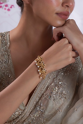 Gold Finish Pearl Hamsa Motif Bracelet In Sterling Silver by Silverika