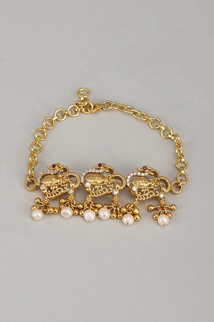 Gold Finish Pearl Hamsa Motif Bracelet In Sterling Silver by Silverika at Pernia's Pop Up Shop