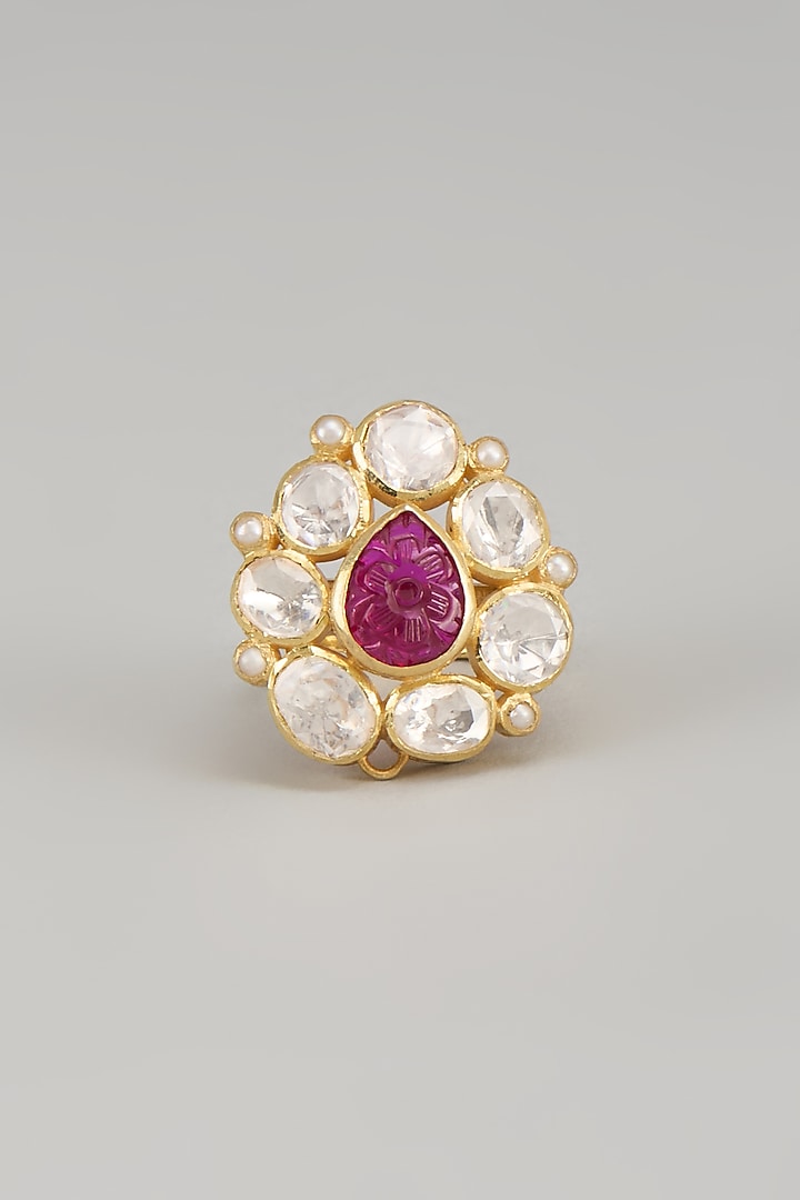 Gold Finish Kundan Polki & Red Cabochon Ring In Sterling Silver by Silverika at Pernia's Pop Up Shop