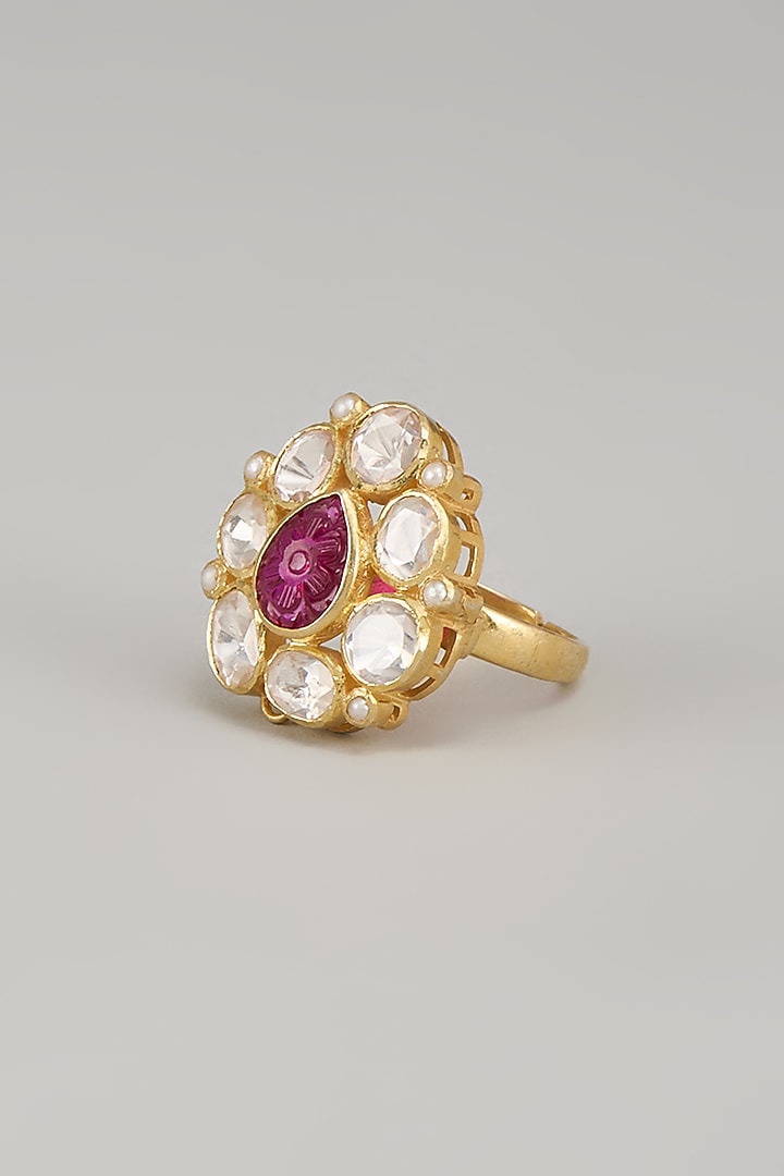 Gold Finish Kundan Polki & Red Cabochon Ring In Sterling Silver by Silverika at Pernia's Pop Up Shop