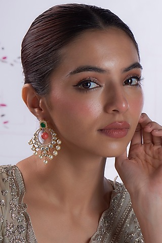 Gold Finish Kundan Polki & Beaded Dangler Earrings In Sterling Silver by Silverika