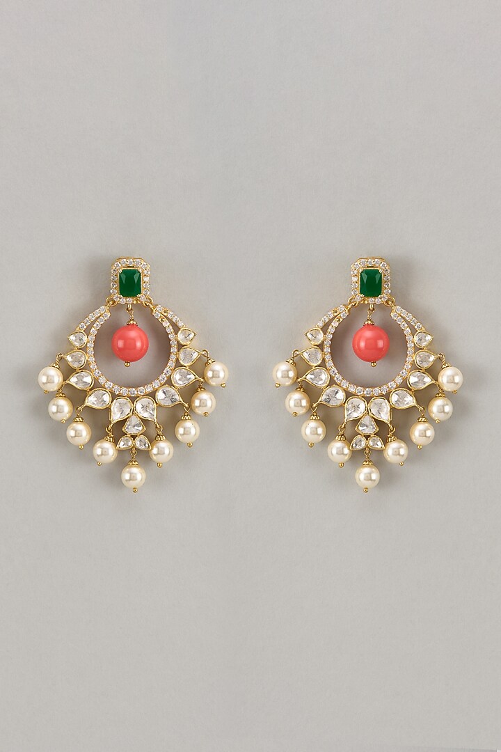 Gold Finish Kundan Polki & Beaded Dangler Earrings In Sterling Silver by Silverika at Pernia's Pop Up Shop