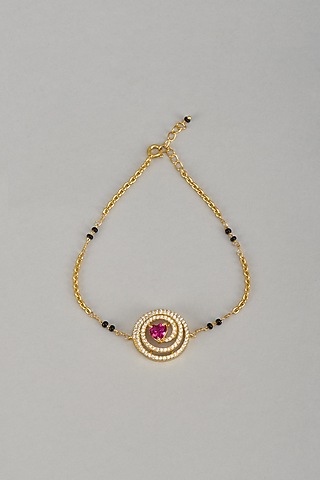 Gold Finish Zircon & Black Beaded Mangalsutra Bracelet In Sterling Silver by Silverika