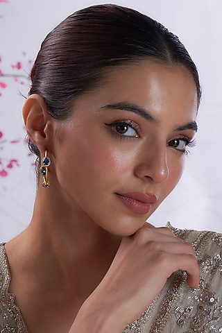 Gold Finish Blue Glass Gemstone & Zircon Hoop Earrings In Sterling Silver by Silverika