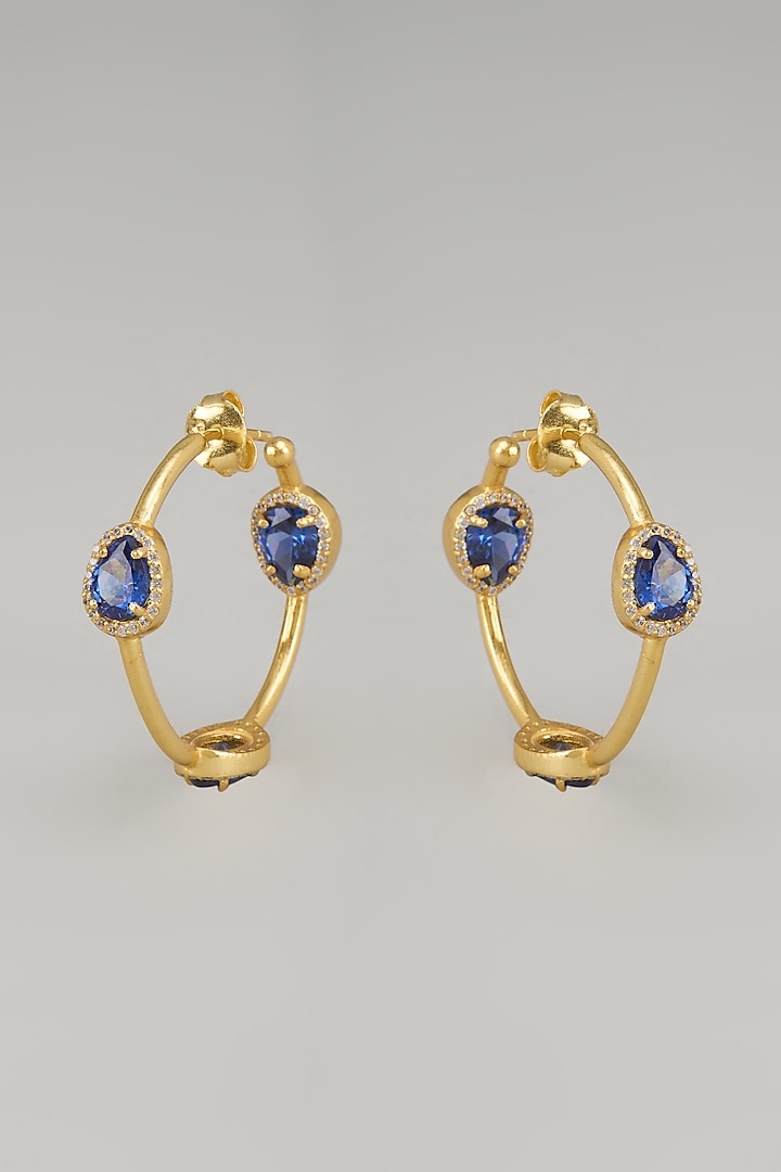 Gold Finish Blue Glass Gemstone & Zircon Hoop Earrings In Sterling Silver by Silverika at Pernia's Pop Up Shop
