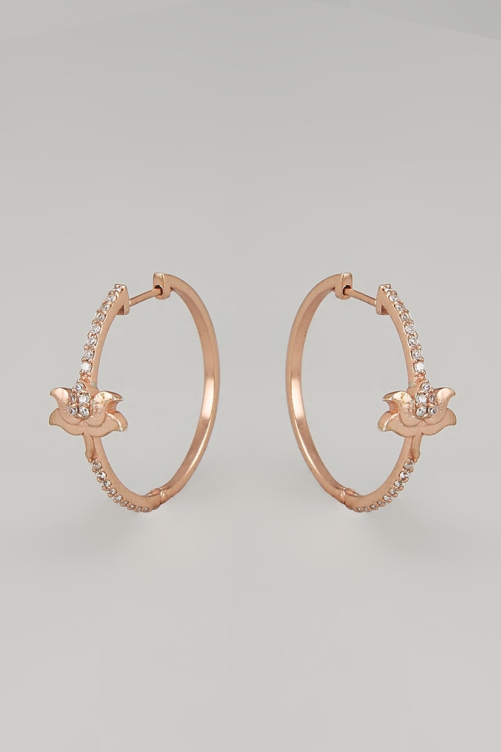 Rose Gold Finish Zircon Hoop Earrings In Sterling Silver by Silverika
