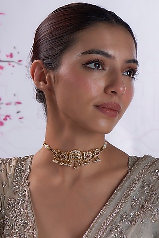 Gold Finish Zircon & Pearl Choker Necklace In Sterling Silver by Silverika