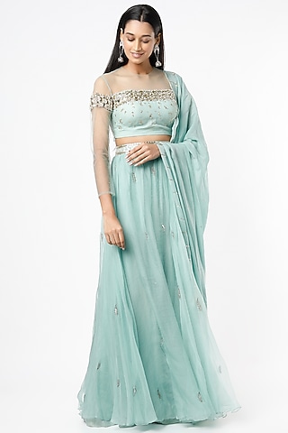 Pastel Turquoise Embroidered Lehenga Set by SIMRAT MARWAH