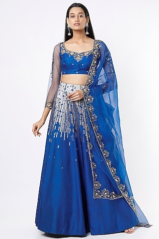 Sapphire Blue Embroidered Lehenga Set by SIMRAT MARWAH