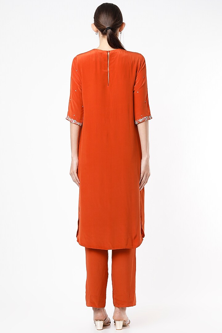 Rust Crepe Embroidered Kurta Set by SIMRAT MARWAH at Pernia's Pop Up Shop