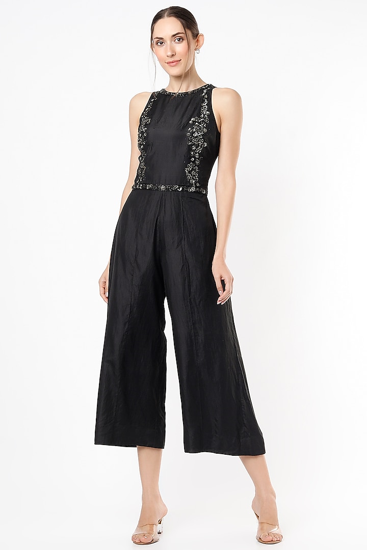 Black Silk Embroidered Jumpsuit by SIMRAT MARWAH