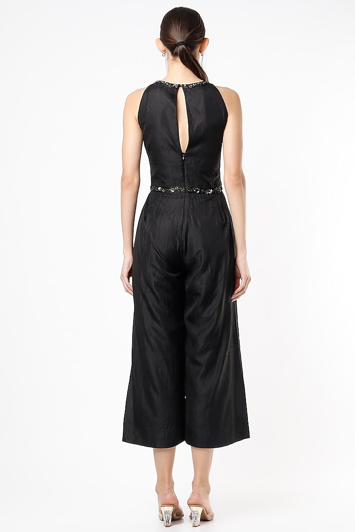 Black Silk Embroidered Jumpsuit by SIMRAT MARWAH at Pernia's Pop Up Shop