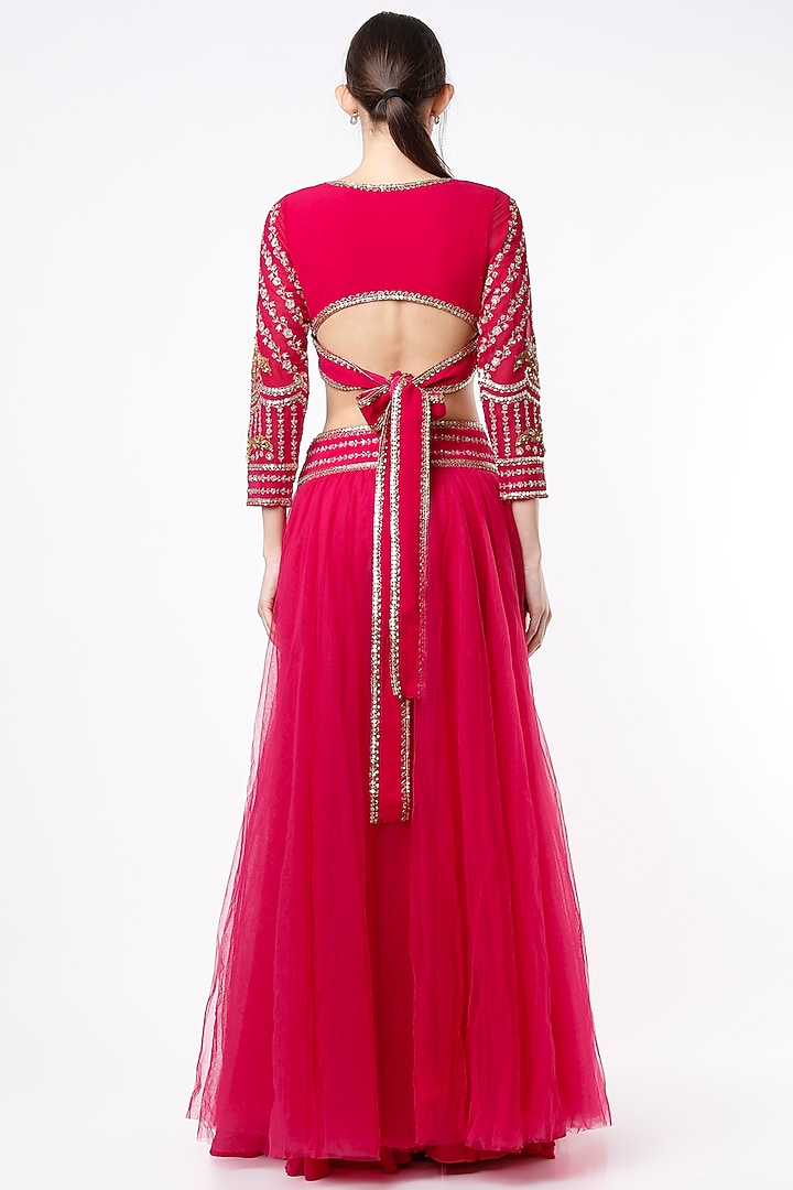 Fuchsia Tulle Embroidered Wedding Lehenga Set by SIMRAT MARWAH at Pernia's Pop Up Shop