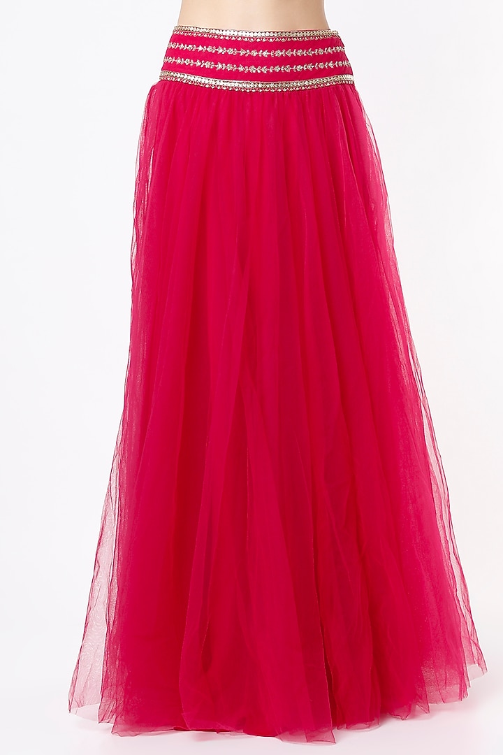 Fuchsia Tulle Embroidered Wedding Lehenga Set by SIMRAT MARWAH at Pernia's Pop Up Shop