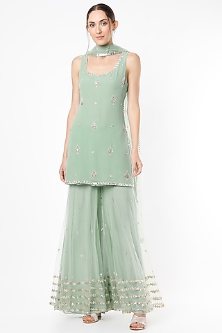 Pistachio Green Tulle Sharara Set by SIMRAT MARWAH