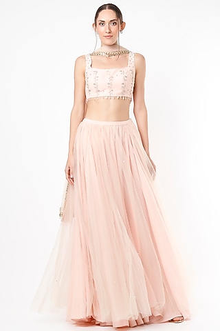 Light Pink Tulle Embroidered Lehenga Set by SIMRAT MARWAH