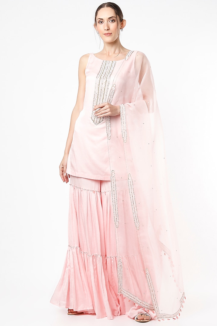 Light Pink Cotton Satin Sharara Set by SIMRAT MARWAH