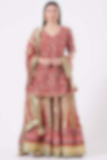 Burnt Red Silk Chanderi Embroidered Panelled Sharara Set by Simar Dugal at Pernia's Pop Up Shop