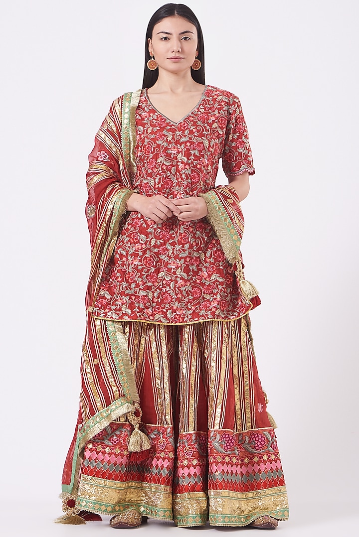 Burnt Red Silk Chanderi Embroidered Panelled Sharara Set by Simar Dugal