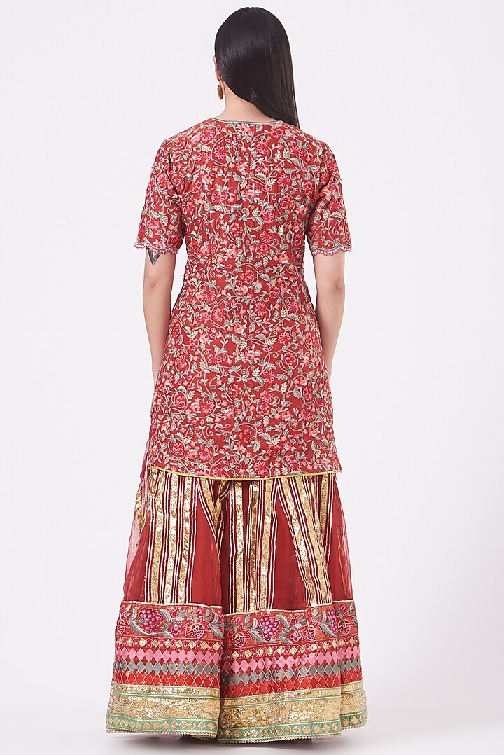 Burnt Red Silk Chanderi Embroidered Panelled Bridal Sharara Set by Simar Dugal at Pernia's Pop Up Shop