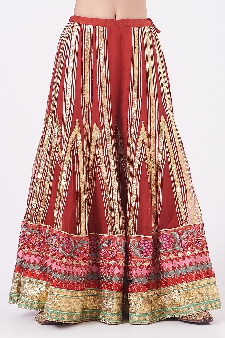 Burnt Red Silk Chanderi Embroidered Panelled Bridal Sharara Set by Simar Dugal at Pernia's Pop Up Shop