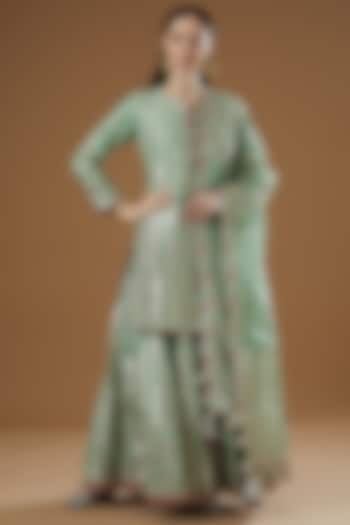 Marine Green Chanderi & Modal Silk Printed Wedding Sharara Set by Simar Dugal at Pernia's Pop Up Shop