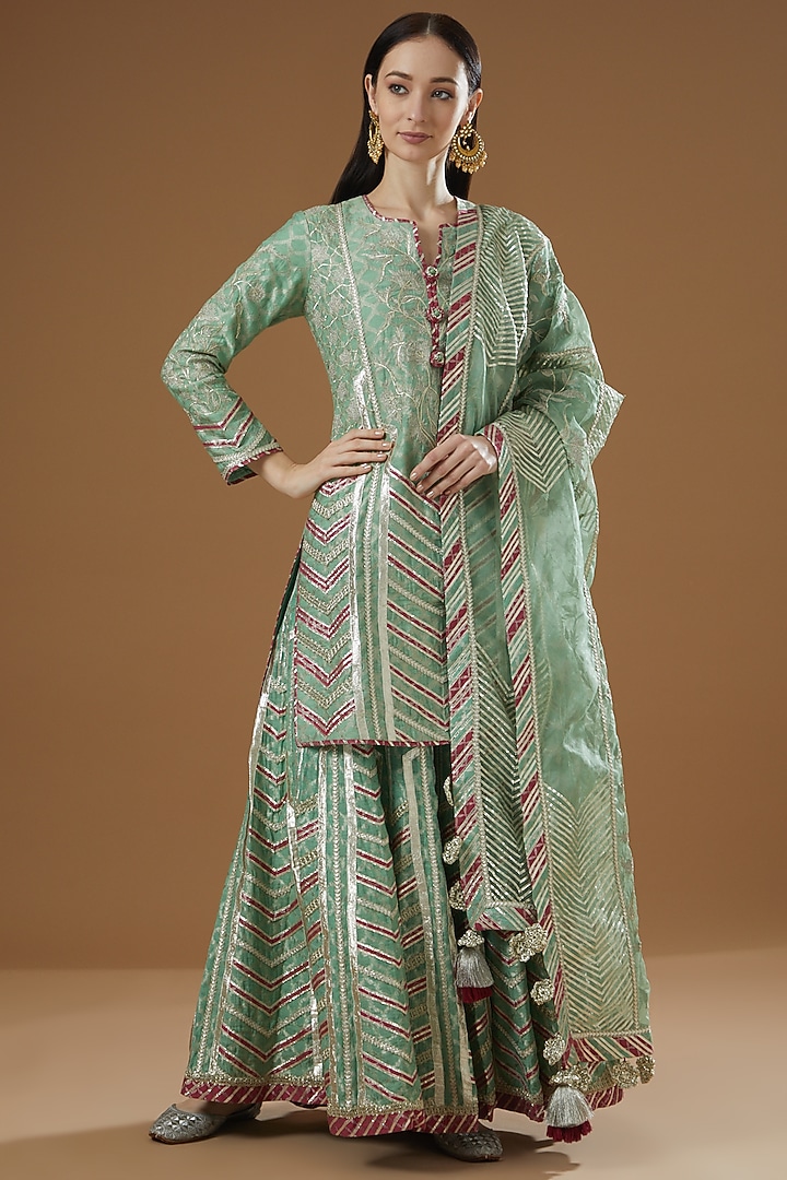 Marine Green Chanderi & Modal Silk Printed Wedding Sharara Set by Simar Dugal at Pernia's Pop Up Shop