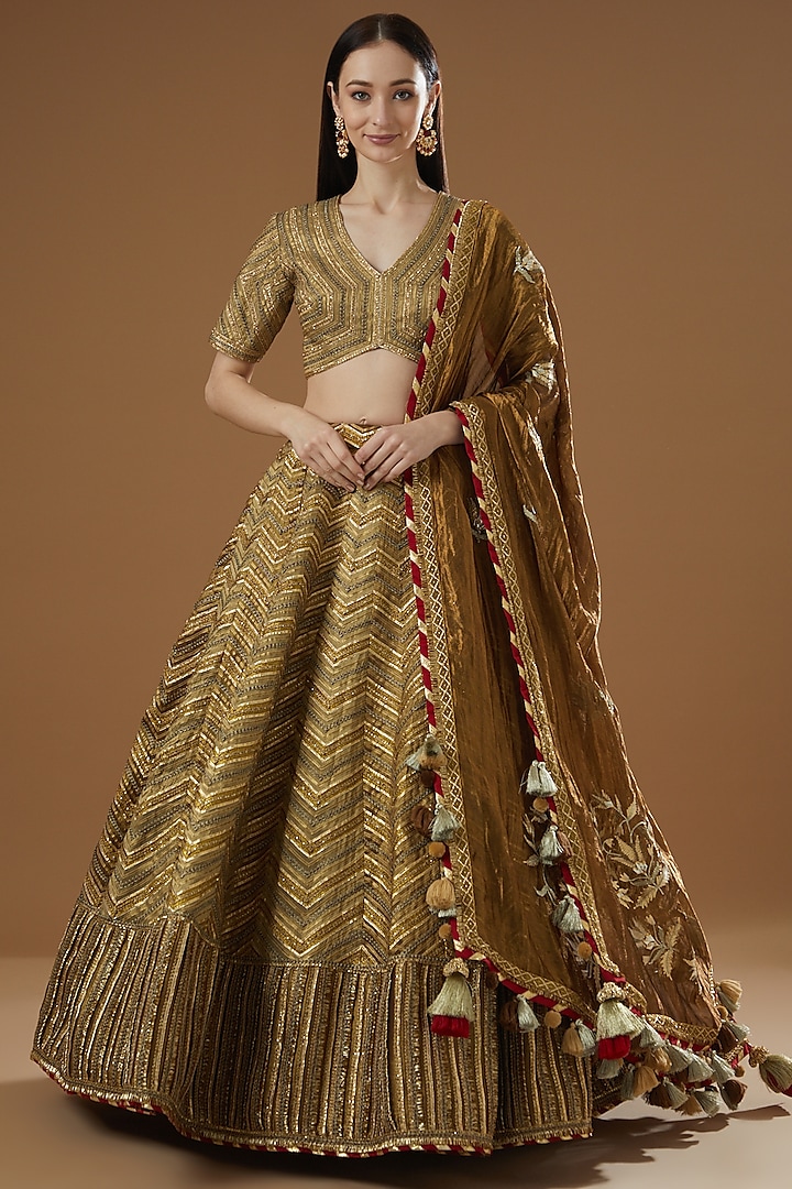 Bronze Chanderi Embellished Bridal Lehenga Set by Simar Dugal at Pernia's Pop Up Shop