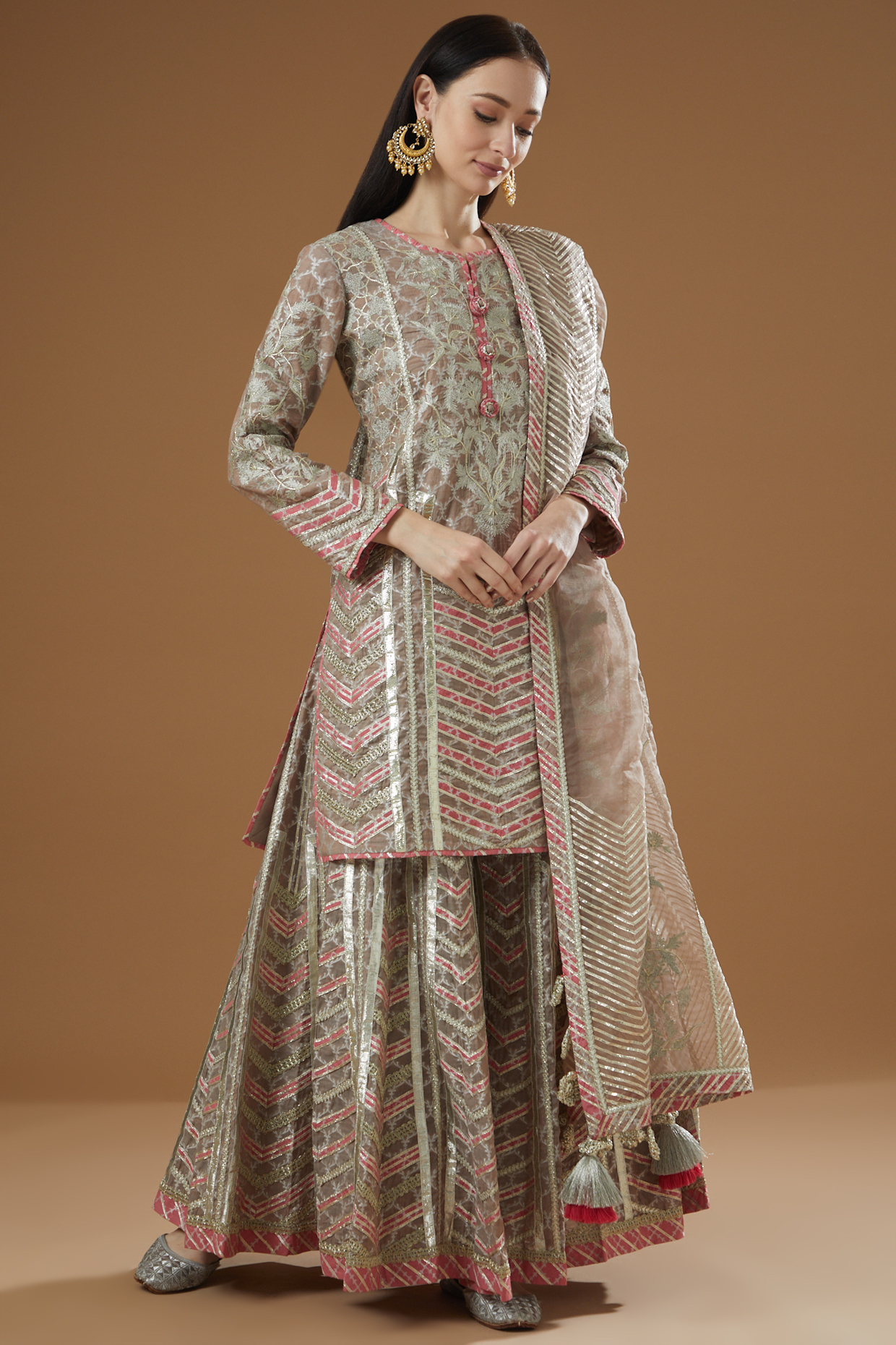 Silver Grey Chanderi & Modal Silk Printed Sharara Set by Simar Dugal