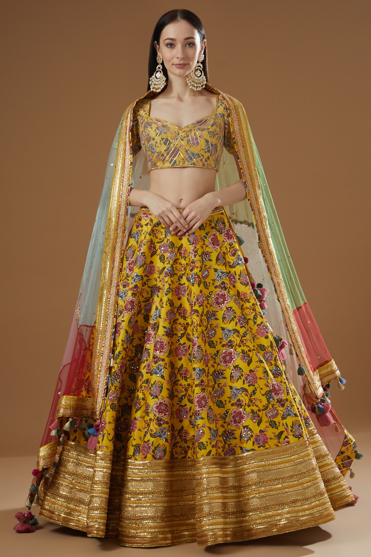 Simar Dugal Yellow Chanderi & Net Embroidered Lehenga Set
